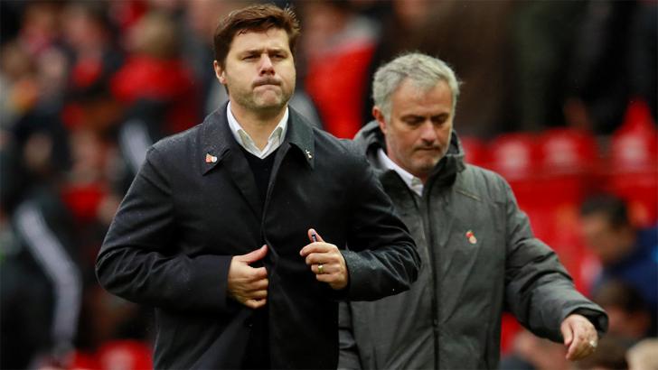 Ex-Tottenham manager Mauricio Pochettino with his successor Jose Mourinho